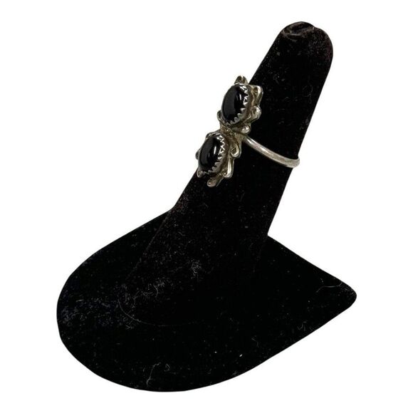 Vintage Navajo Sterling Silver Double Black Onyx Gemstone Statement Ring Size 5 - Picture 2 of 7